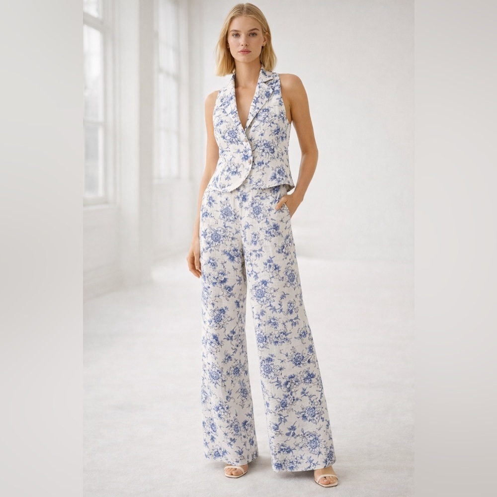 Jason Wu Linen Blend Halter Vest Style Top Wide Leg Pants Blue White Set 4 NEW